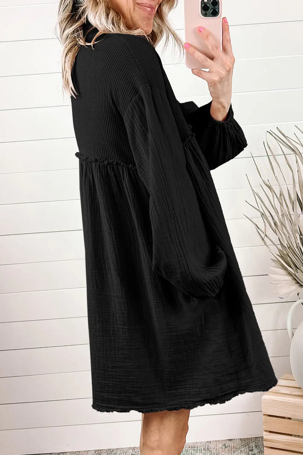 Black Patchwork Crinkle Puff Sleeve Shirt Dress-2