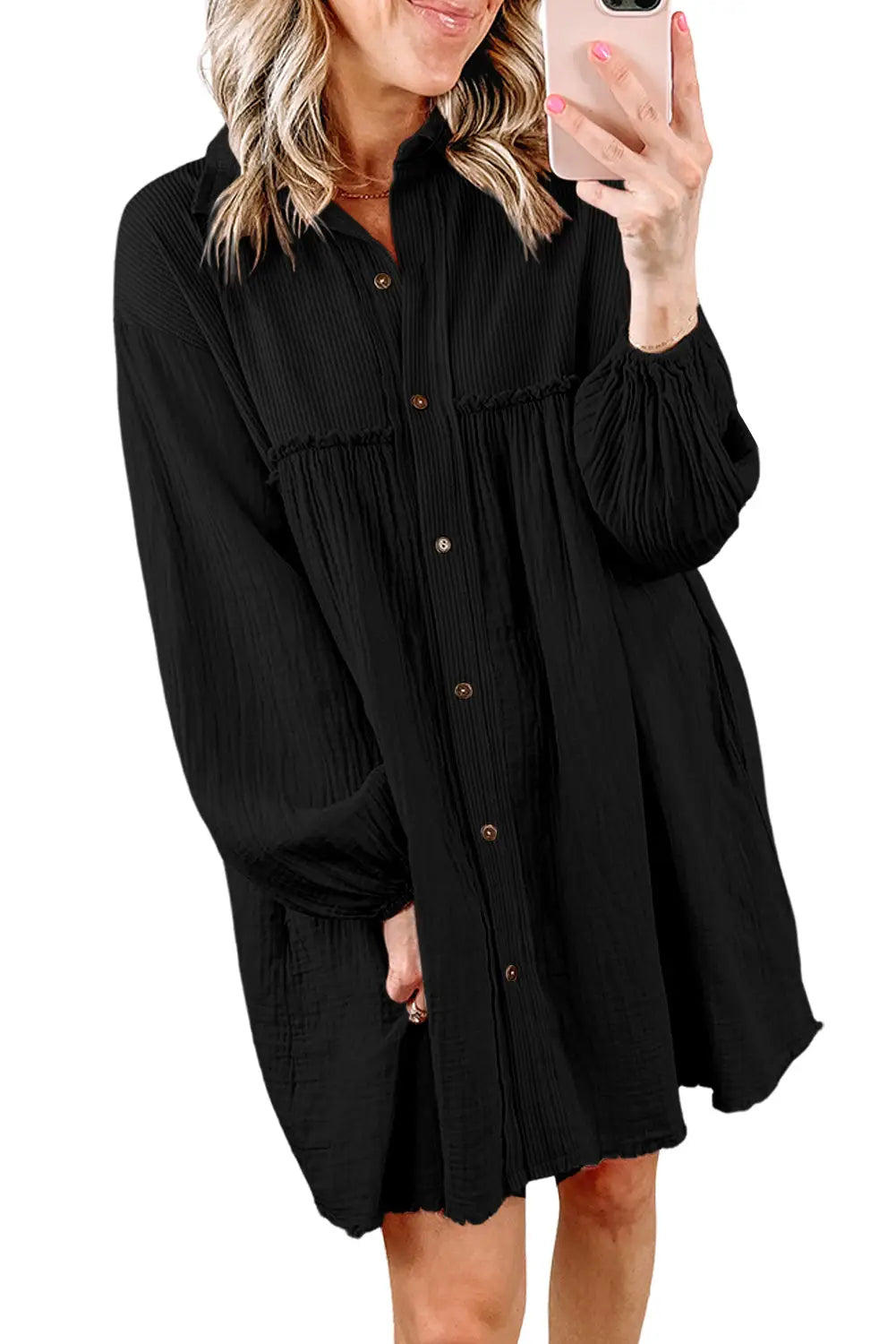 Black Patchwork Crinkle Puff Sleeve Shirt Dress-3