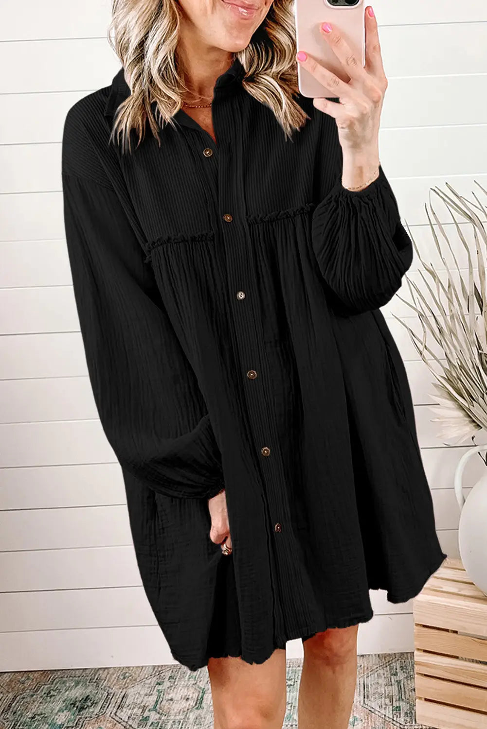 Black Patchwork Crinkle Puff Sleeve Shirt Dress-0