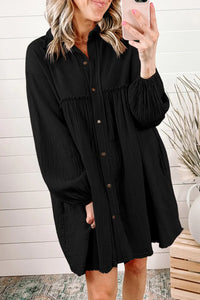 Thumbnail for Black Patchwork Crinkle Puff Sleeve Shirt Dress-0