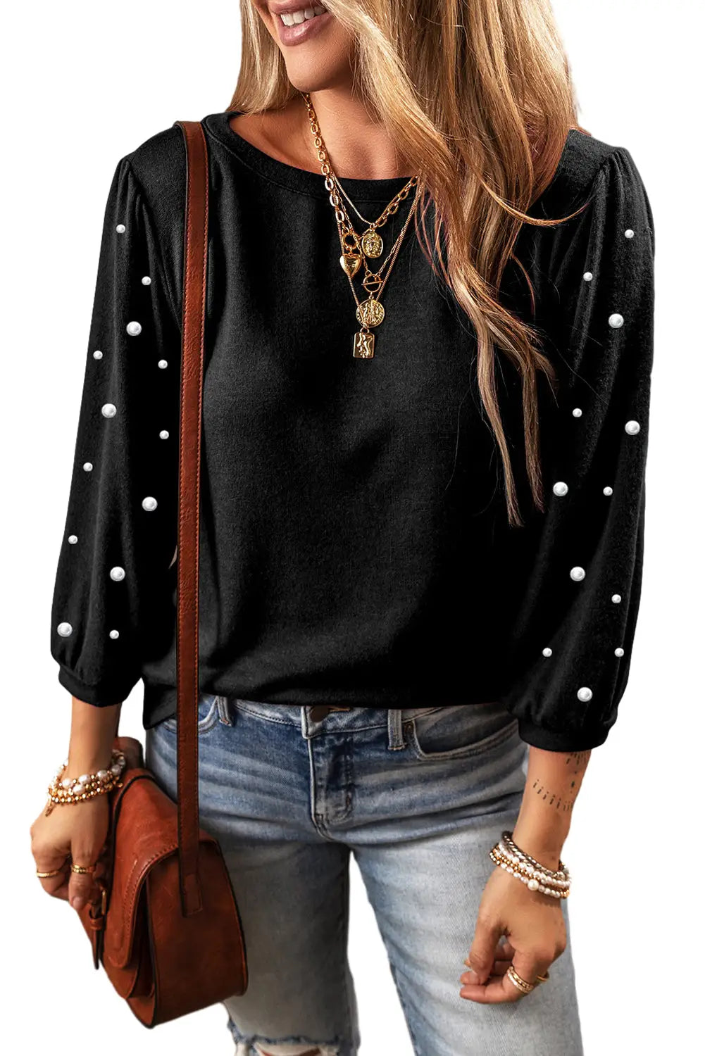 Black Pearl Decor 3/4 Sleeve Crew Neck T Shirt-1