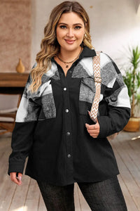 Thumbnail for Black Plaid Patchwork Plus Size Corduroy Shacket-2