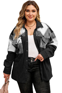 Thumbnail for Black Plaid Patchwork Plus Size Corduroy Shacket-5