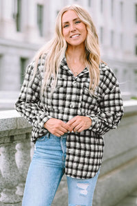 Thumbnail for Black Plaid Print Chest Pockets Buttoned Tunic Shacket-0