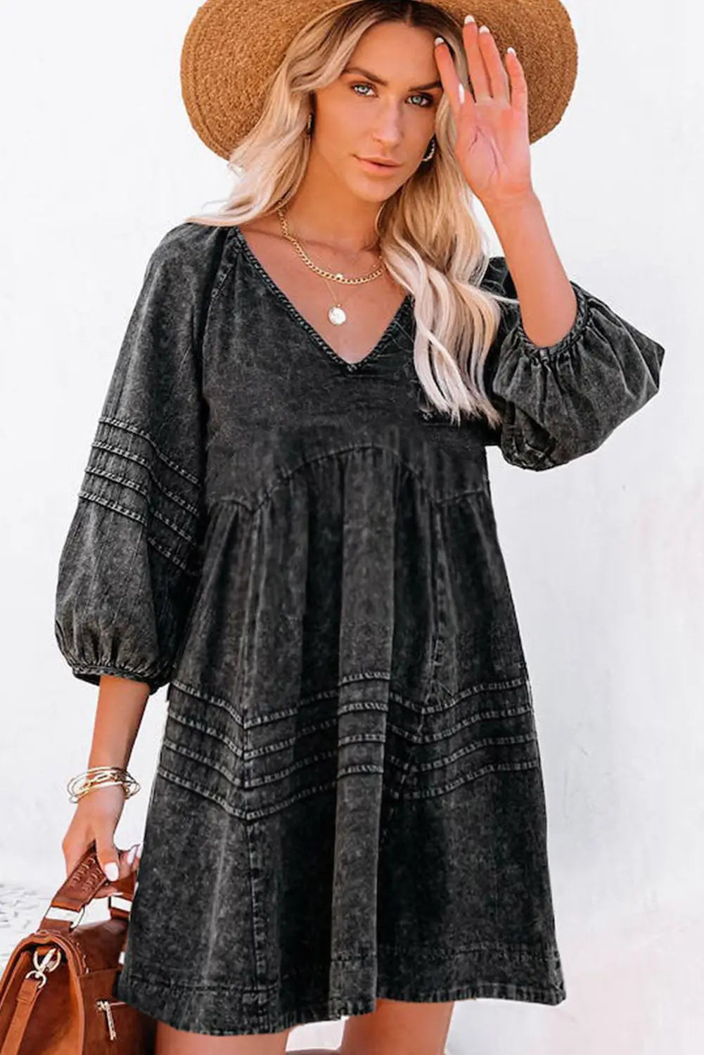 Black Pleated V Neck Puff Sleeve Denim Babydoll Dress-2