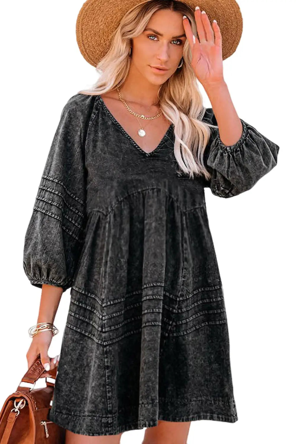 Black Pleated V Neck Puff Sleeve Denim Babydoll Dress-3