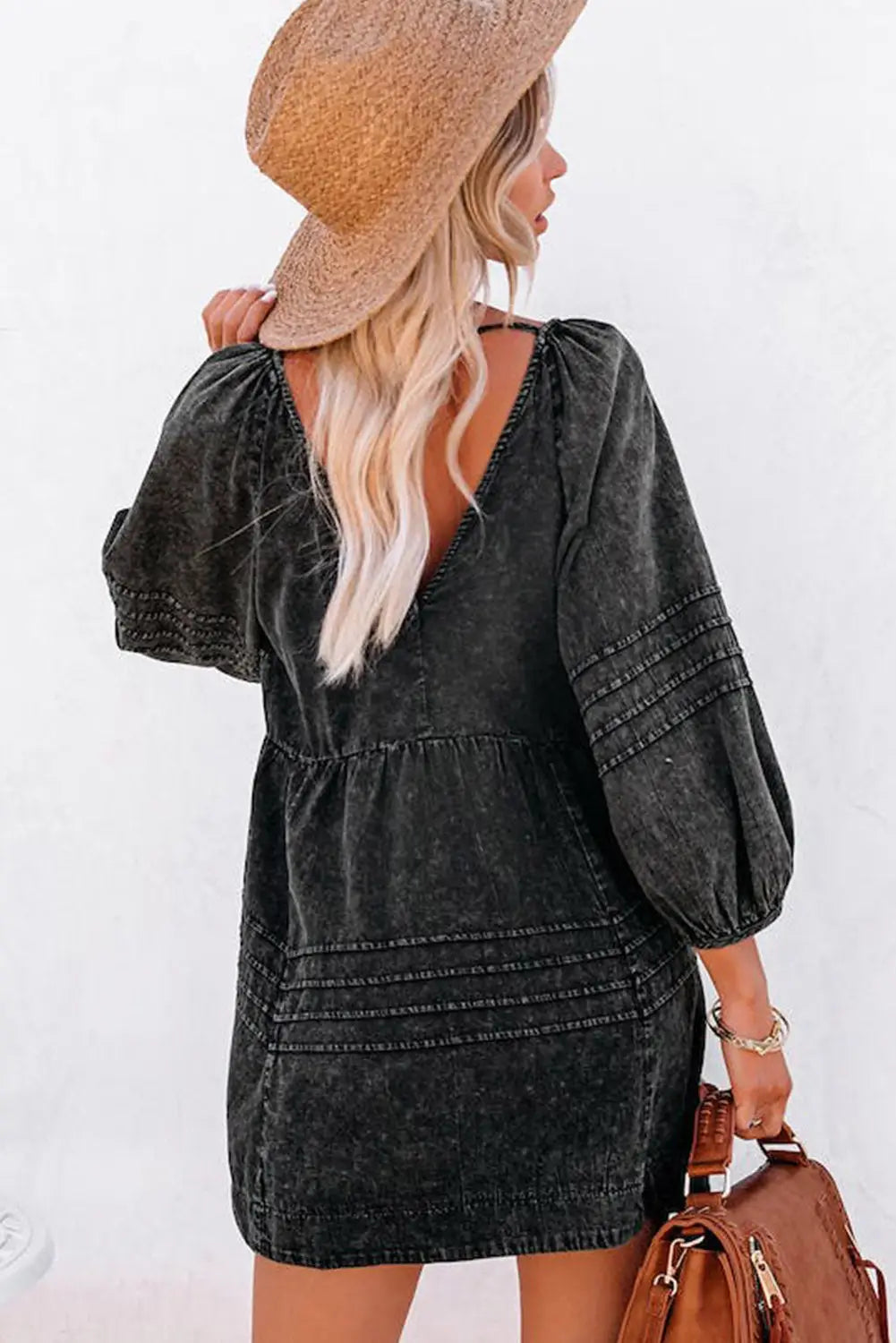 Black Pleated V Neck Puff Sleeve Denim Babydoll Dress-1