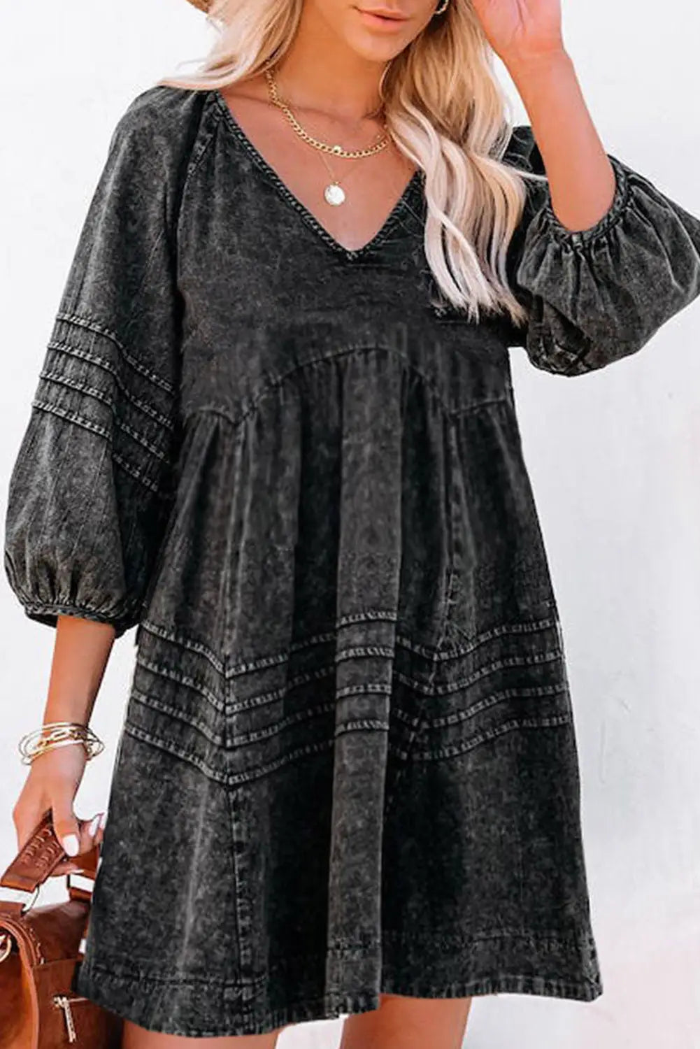 Black Pleated V Neck Puff Sleeve Denim Babydoll Dress-0