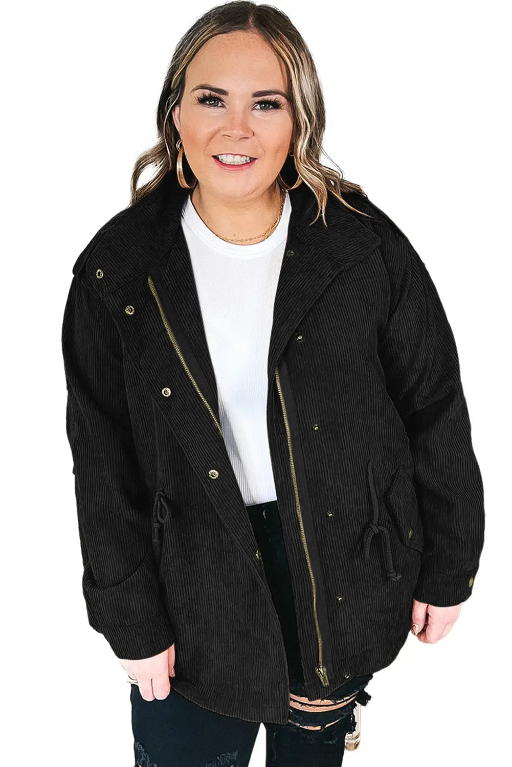 Black Plus Size Button Zipped Corduroy Jacket-4