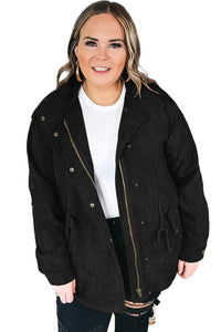 Thumbnail for Black Plus Size Button Zipped Corduroy Jacket-4