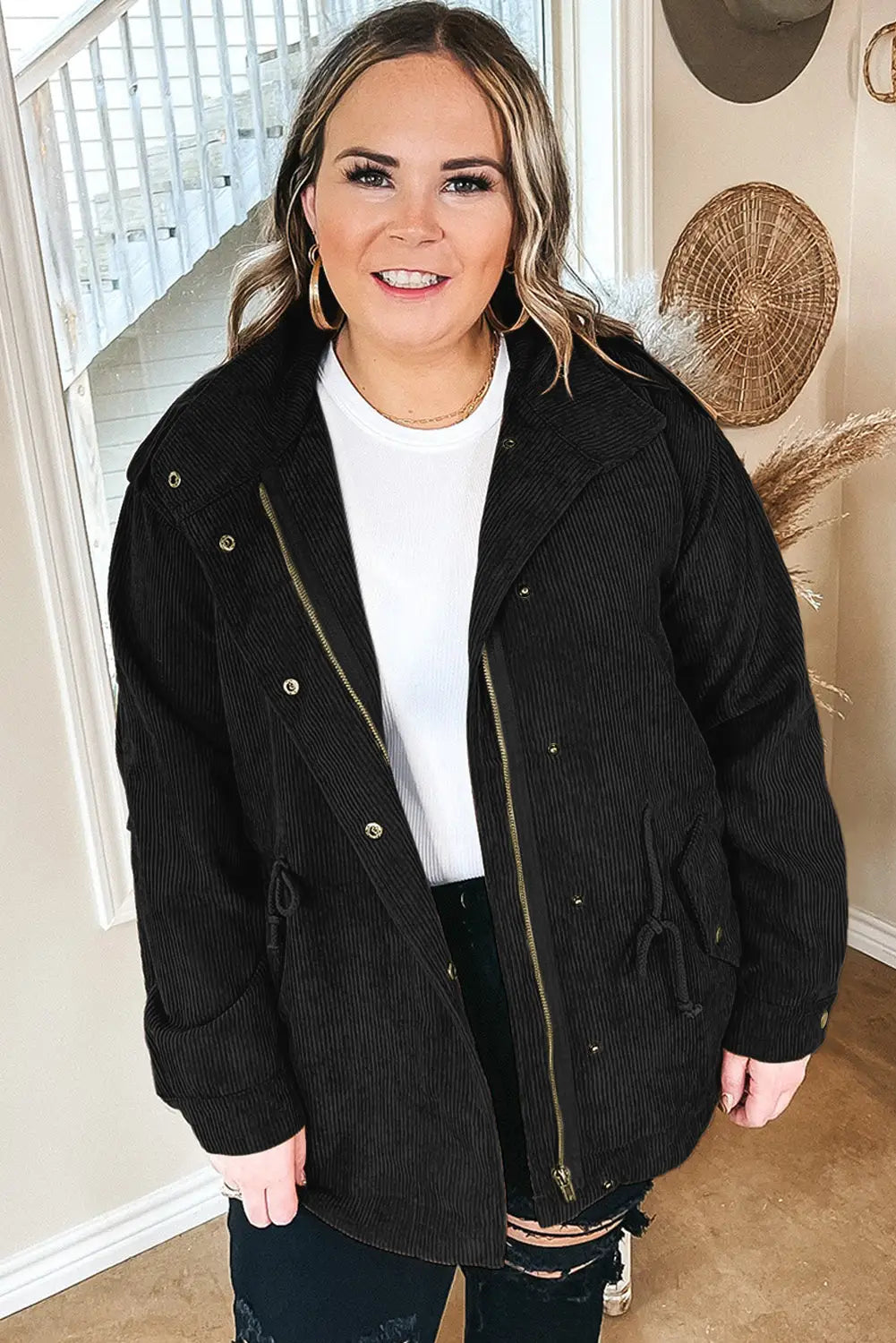 Black Plus Size Button Zipped Corduroy Jacket-1