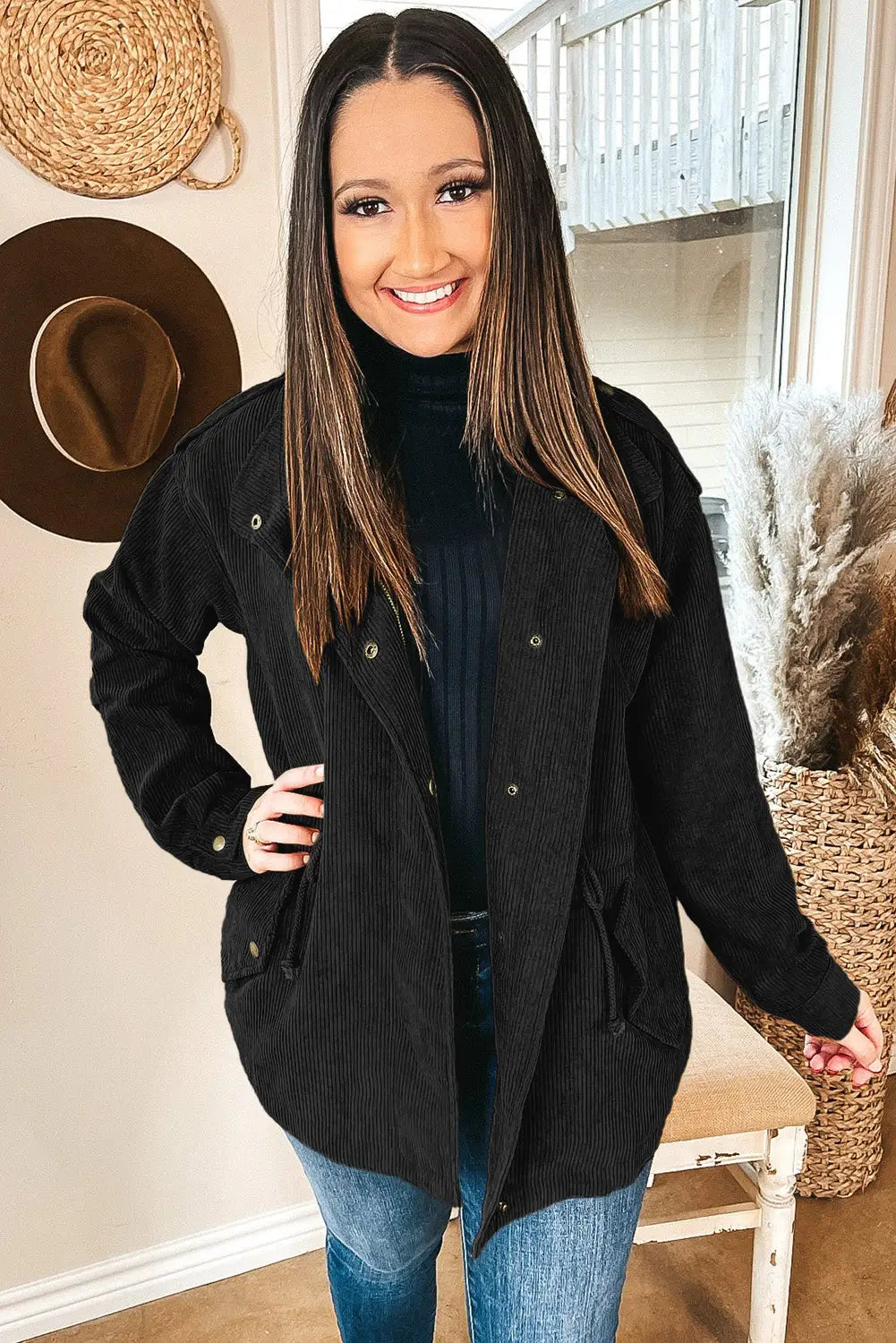 Black Plus Size Button Zipped Corduroy Jacket-2