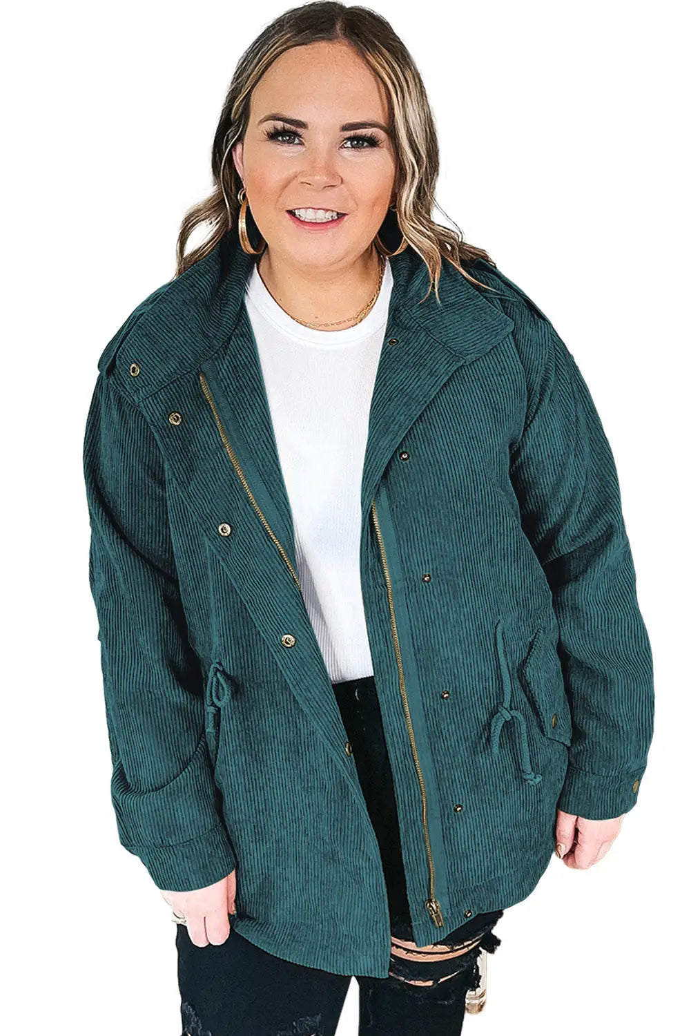 Black Plus Size Button Zipped Corduroy Jacket-9