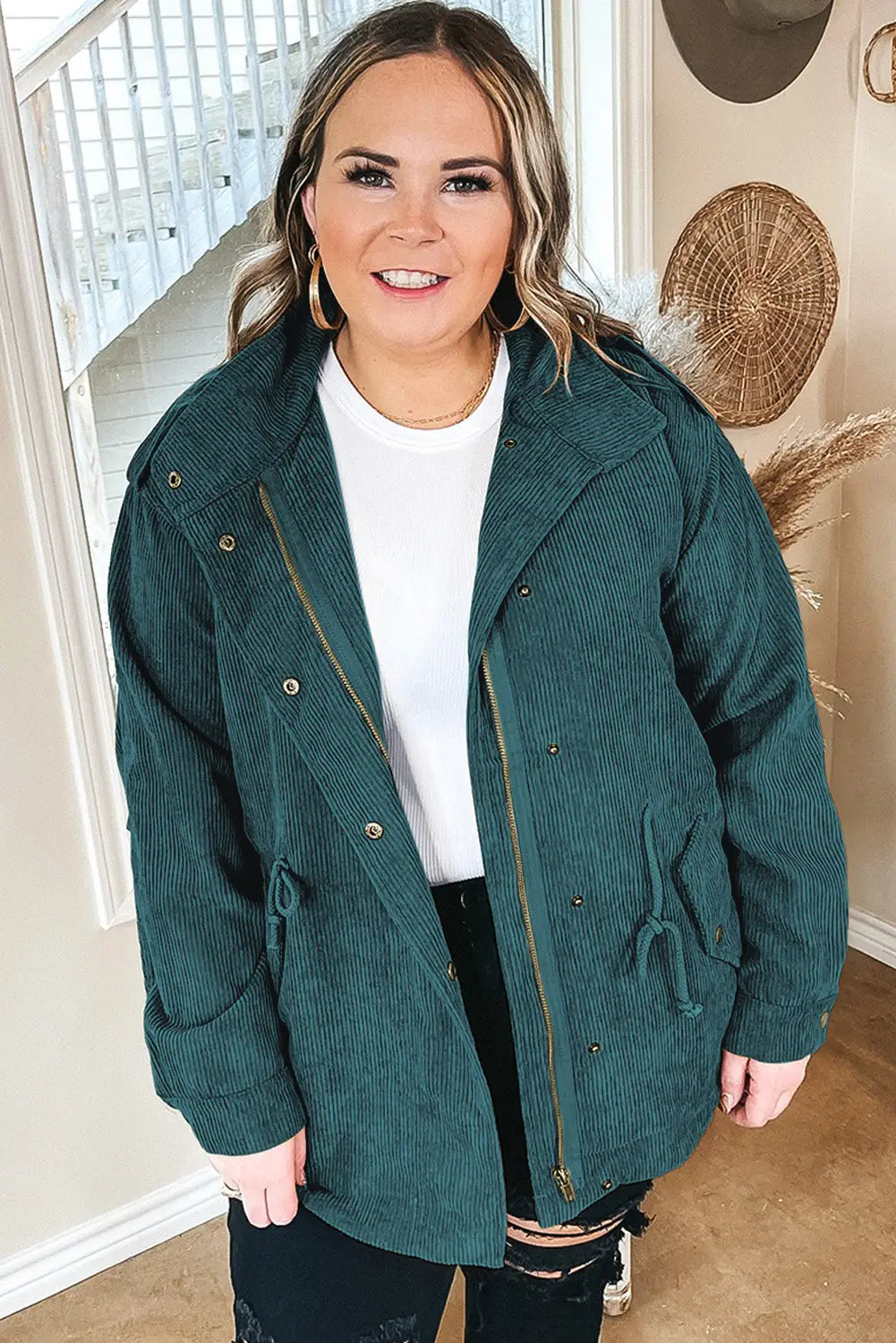 Black Plus Size Button Zipped Corduroy Jacket-6