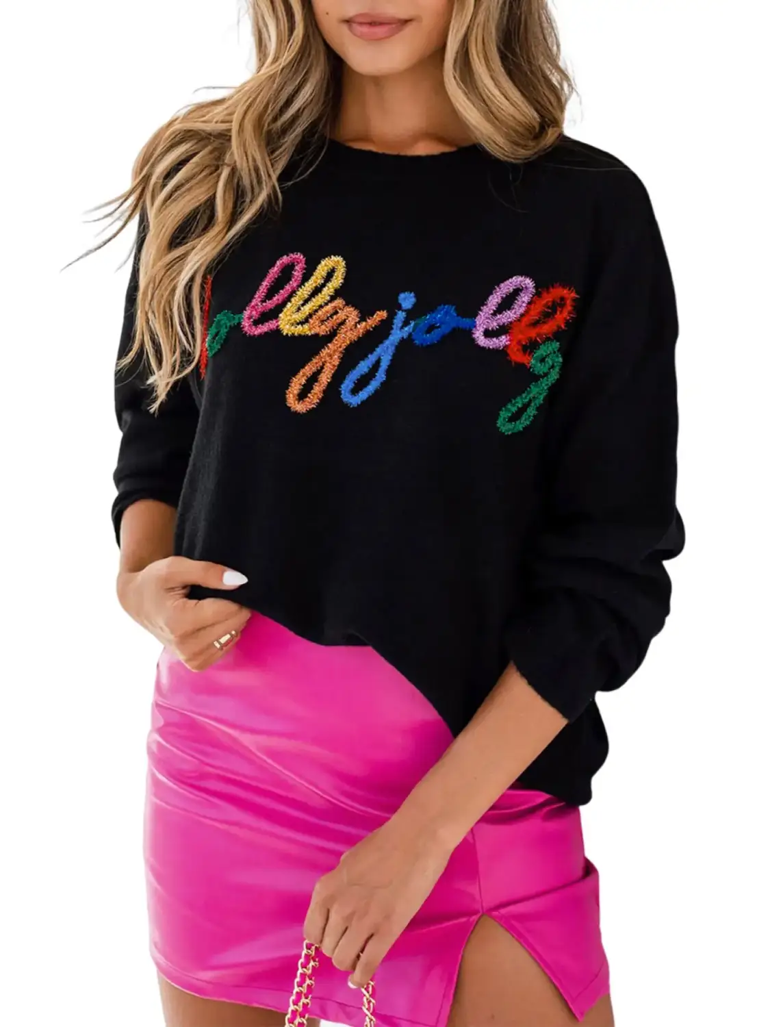 Black Plus Size Cheers Glitter Tinsel Short Sleeve Sweater-21