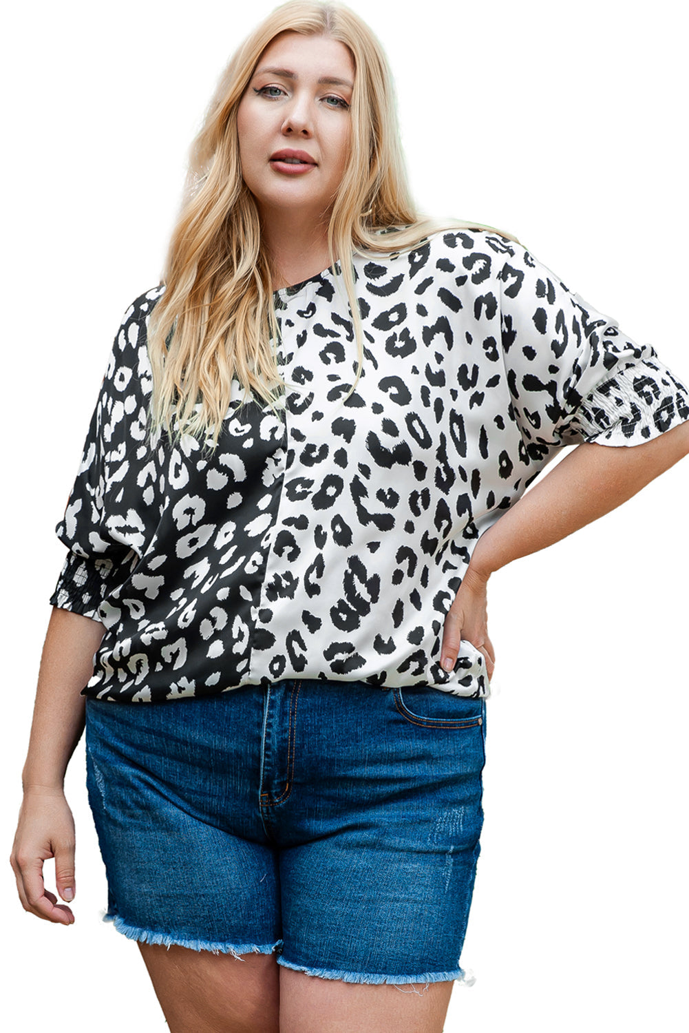 Black Plus Size Contrast Leopard Half Sleeve Blouse-16