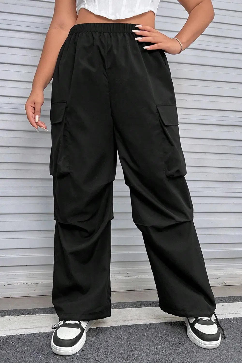 Black Plus Size Flap Pocket Elastic Waist Cargo Pants-0