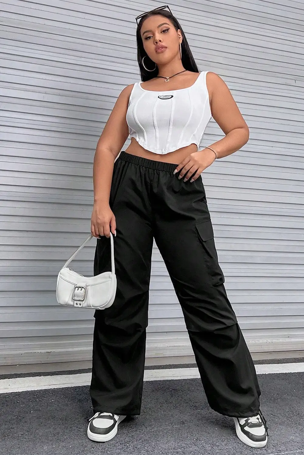 Black Plus Size Flap Pocket Elastic Waist Cargo Pants-5