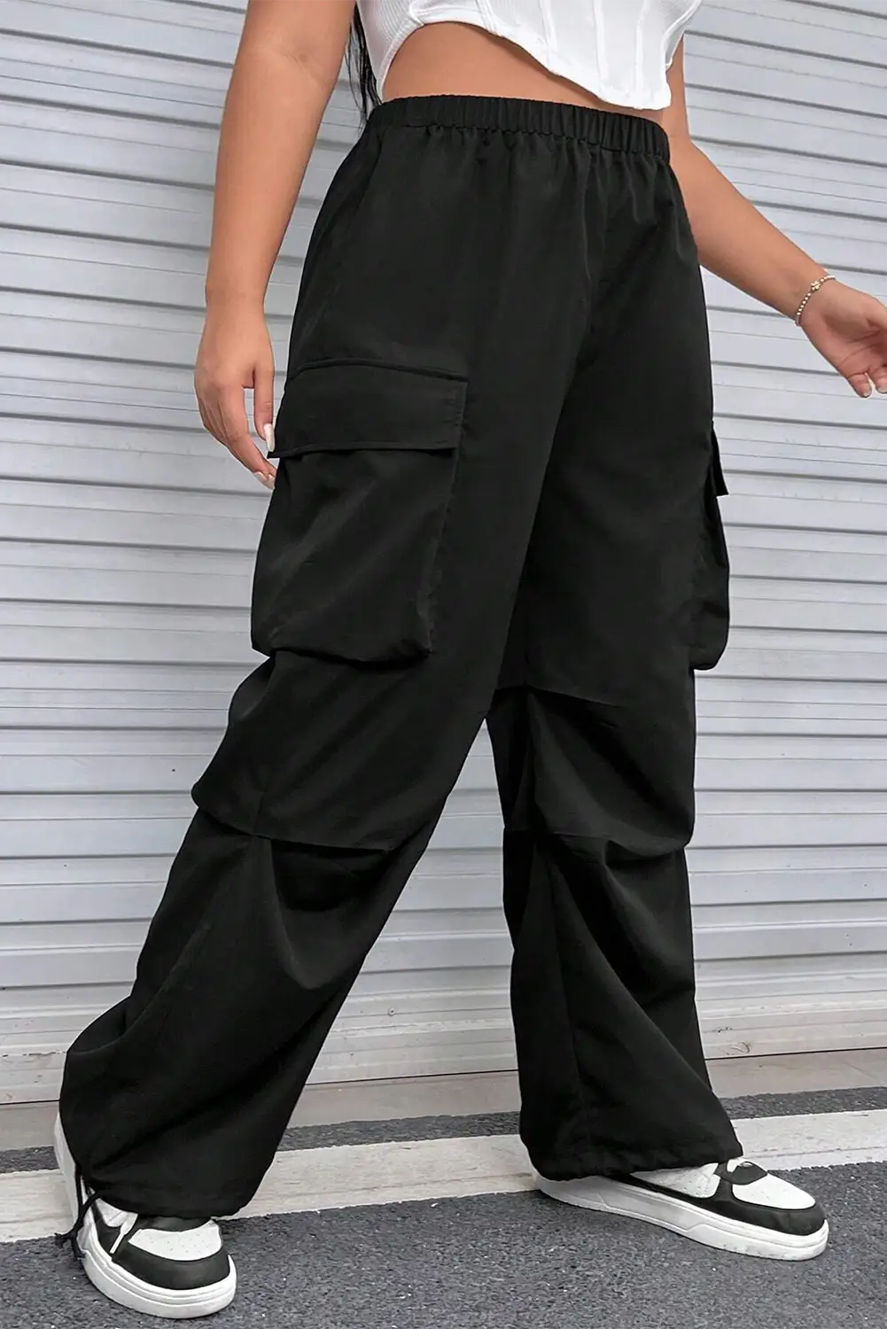 Black Plus Size Flap Pocket Elastic Waist Cargo Pants-2