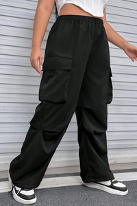 Thumbnail for Black Plus Size Flap Pocket Elastic Waist Cargo Pants-2