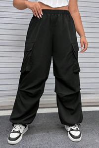 Thumbnail for Black Plus Size Flap Pocket Elastic Waist Cargo Pants-3