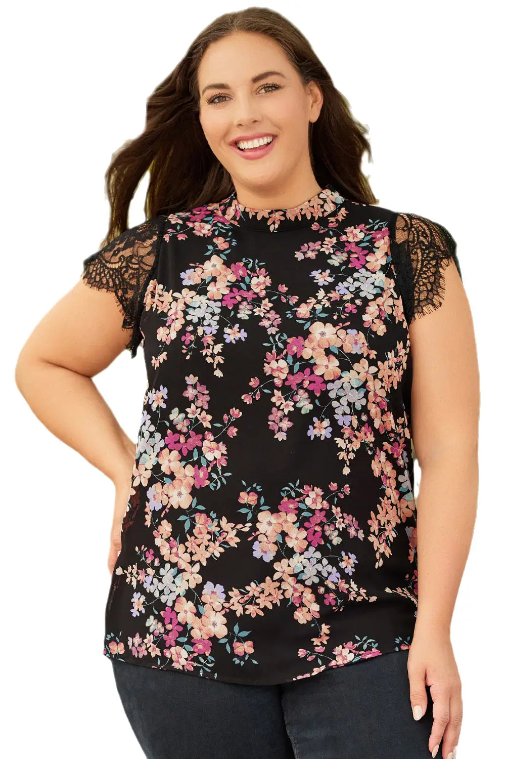 Black Plus Size Floral Print Lace Splicing Short Sleeve Blouse-5