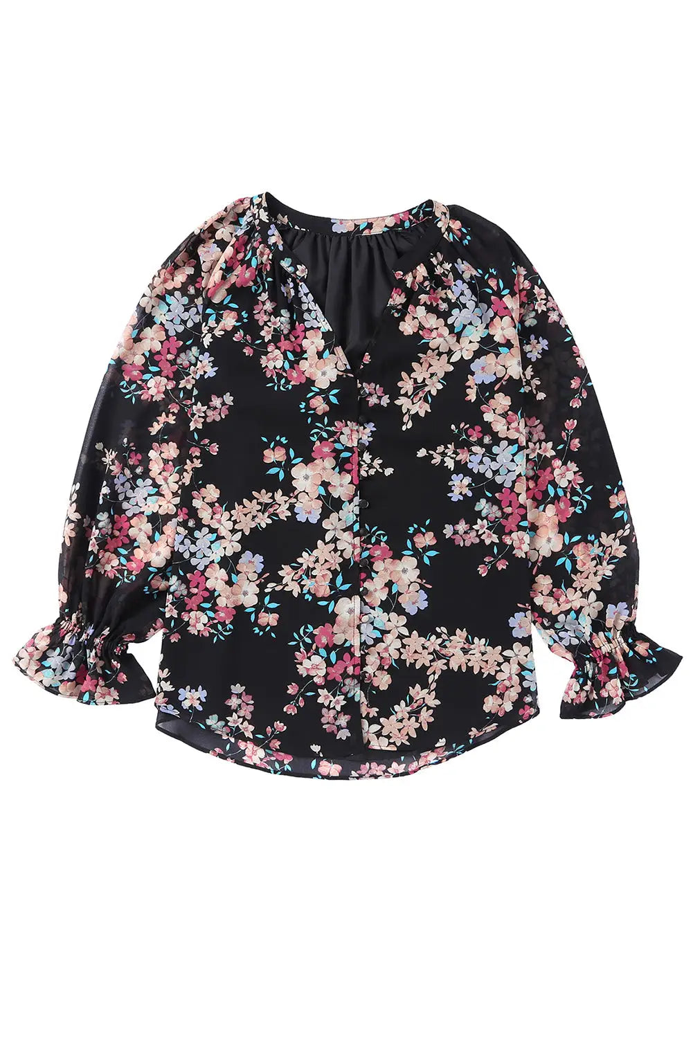 Black Plus Size Floral Print Lace Splicing Short Sleeve Blouse-23