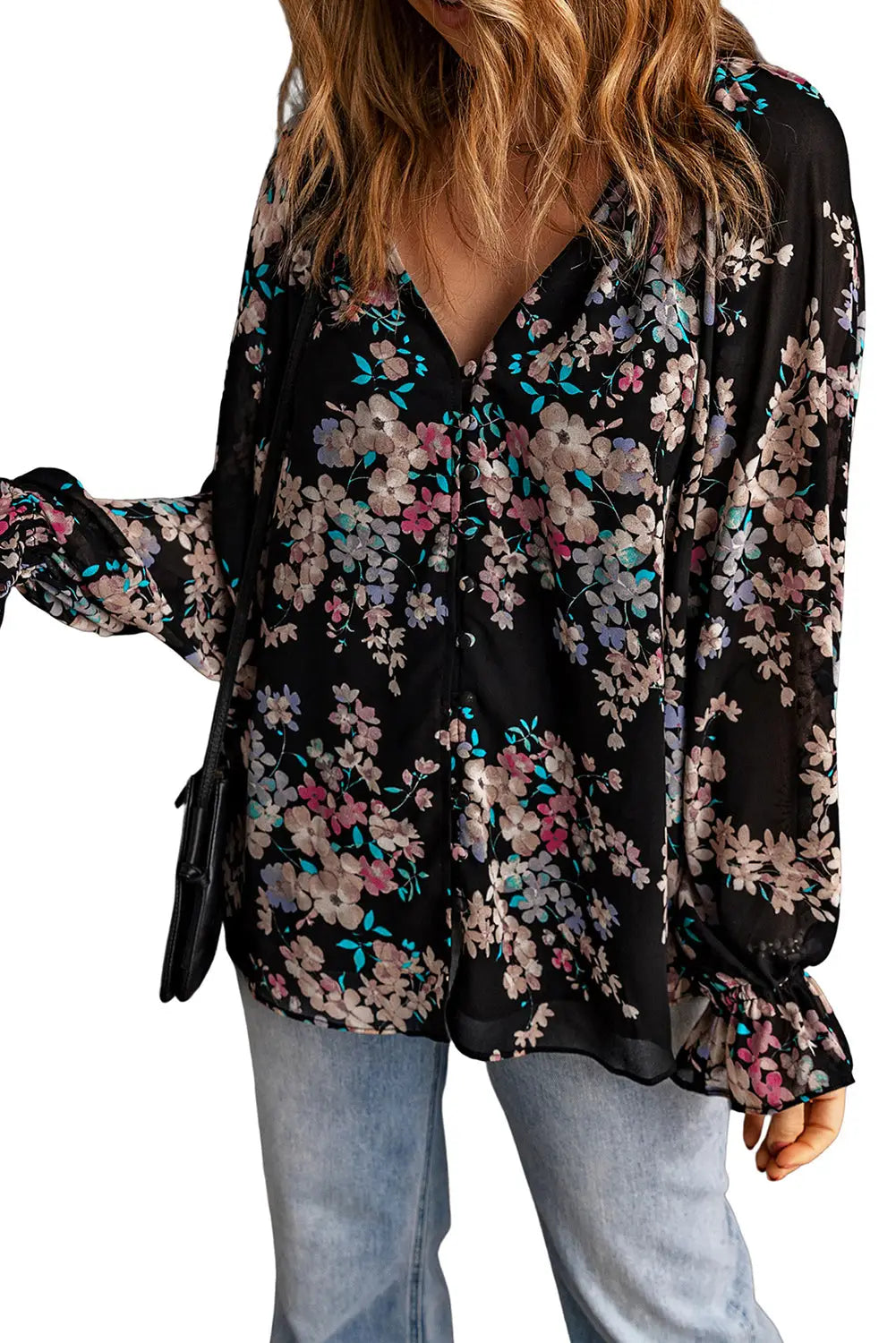 Black Plus Size Floral Print Lace Splicing Short Sleeve Blouse-25