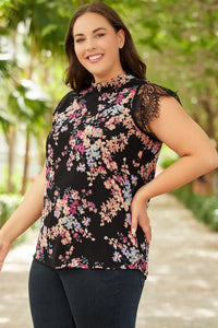 Thumbnail for Black Plus Size Floral Print Lace Splicing Short Sleeve Blouse-3