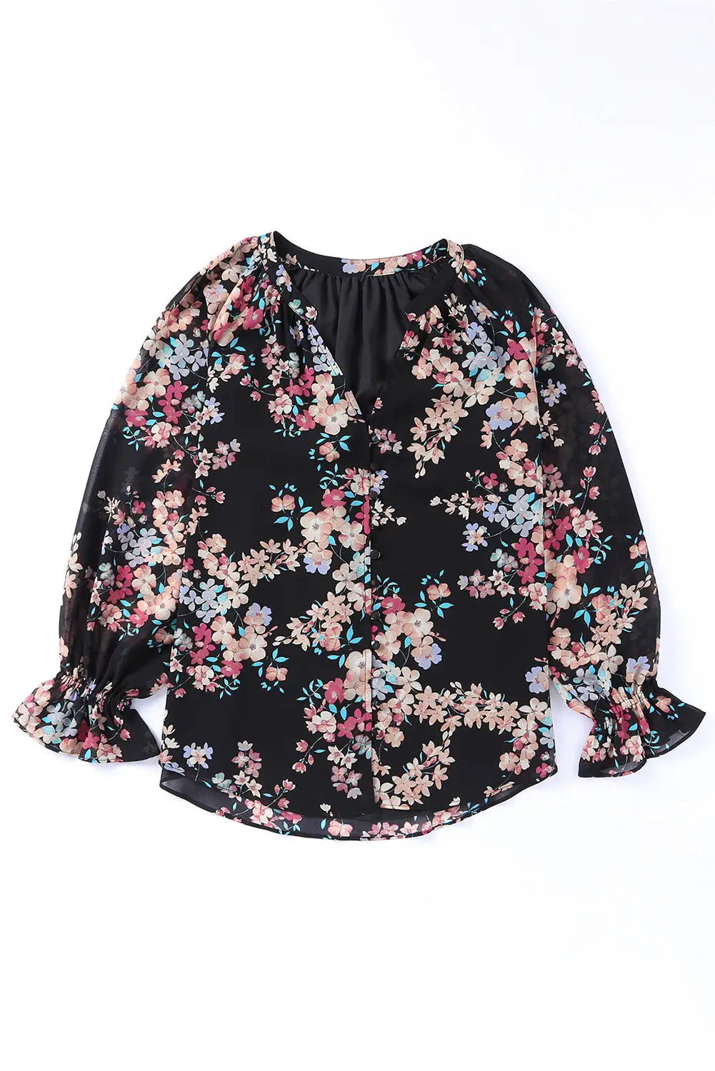 Black Plus Size Floral Print Lace Splicing Short Sleeve Blouse-16