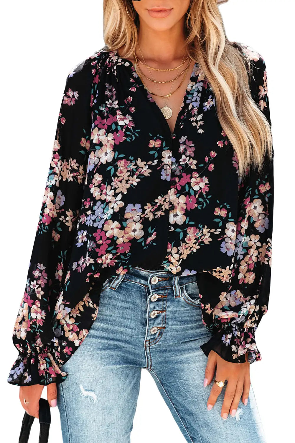 Black Plus Size Floral Print Lace Splicing Short Sleeve Blouse-24