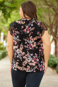 Thumbnail for Black Plus Size Floral Print Lace Splicing Short Sleeve Blouse-1