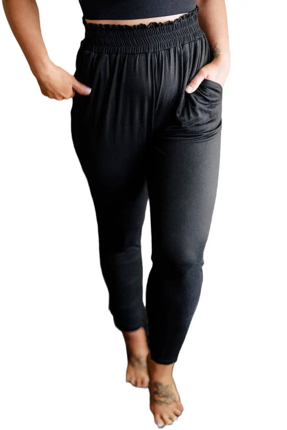 Black Plus Size Frill High Waist Pocketed Soft Pants-4