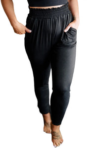 Thumbnail for Black Plus Size Frill High Waist Pocketed Soft Pants-4