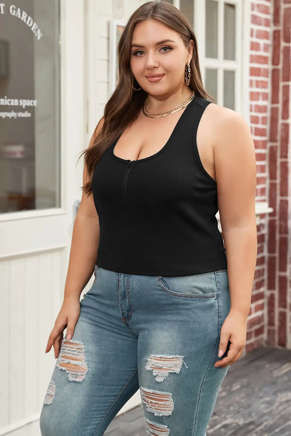 Black Plus Size Zipper Front Racerback Ribbed Tank Top-2