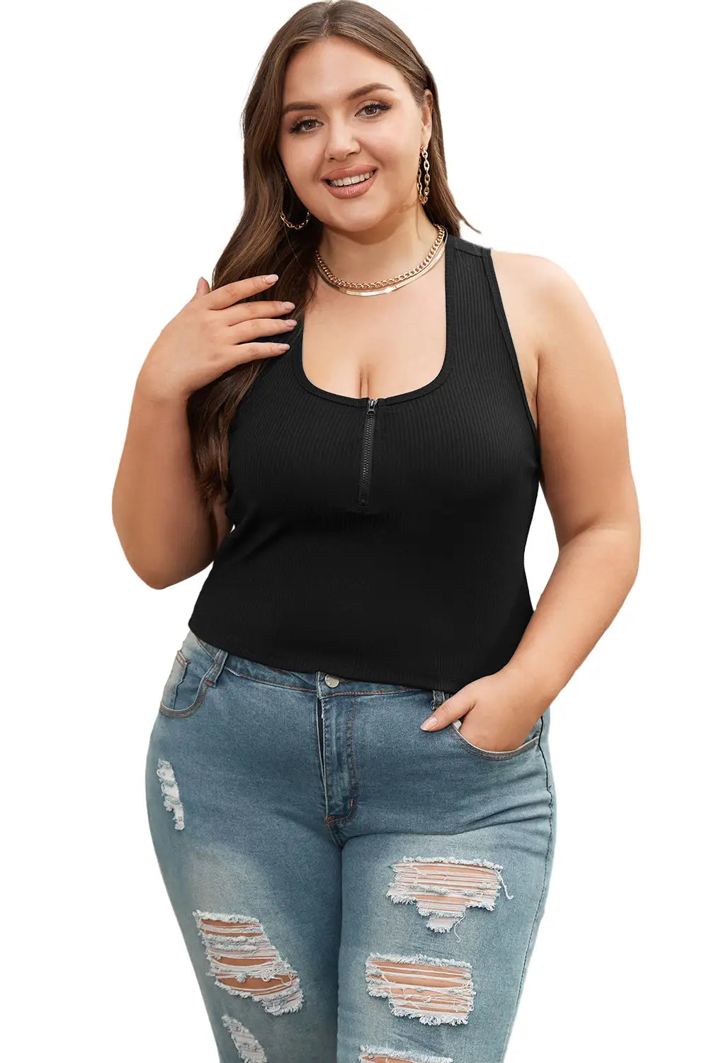 Black Plus Size Zipper Front Racerback Ribbed Tank Top-7