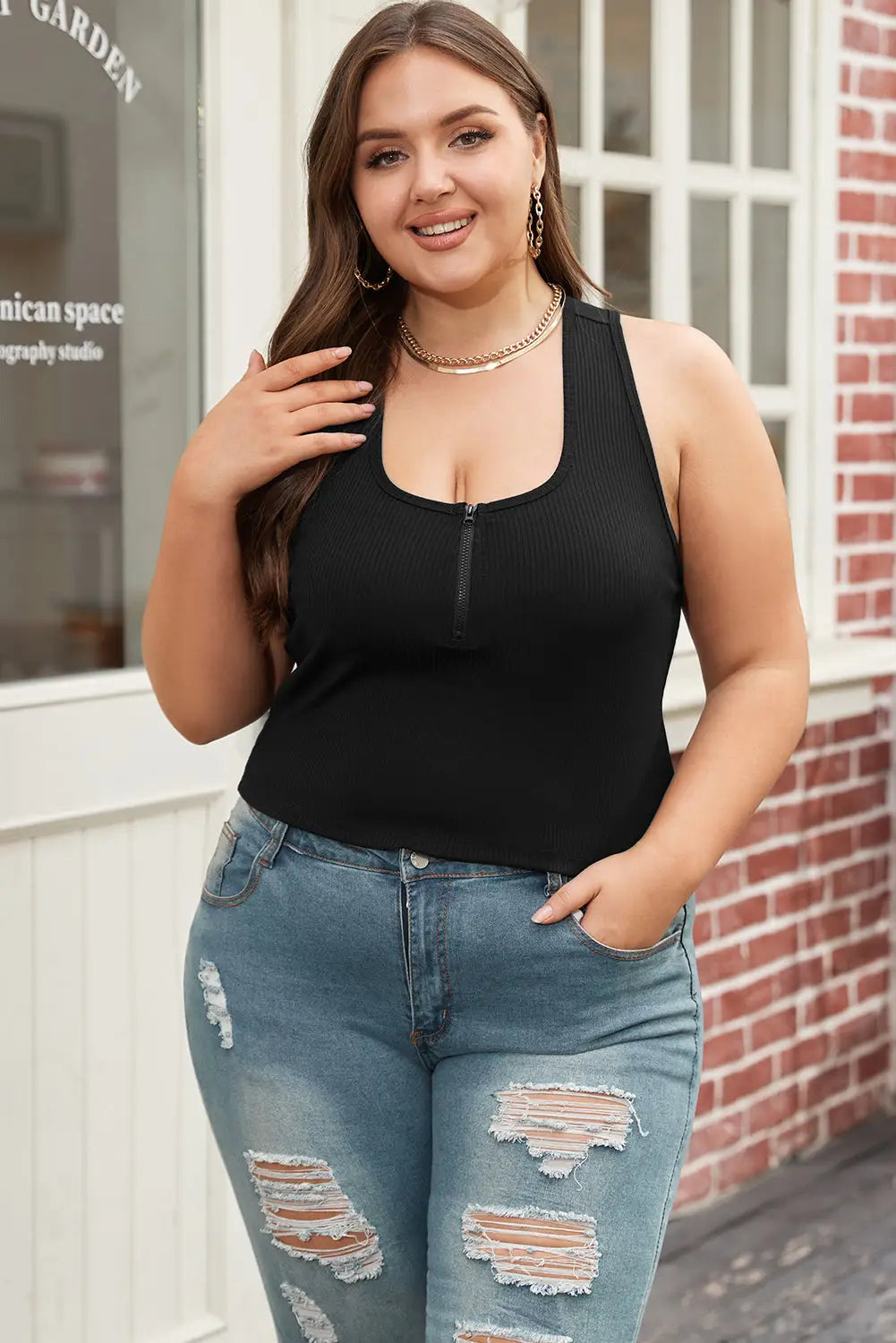 Black Plus Size Zipper Front Racerback Ribbed Tank Top-3