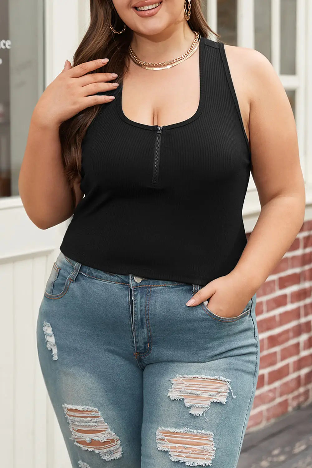 Black Plus Size Zipper Front Racerback Ribbed Tank Top-5