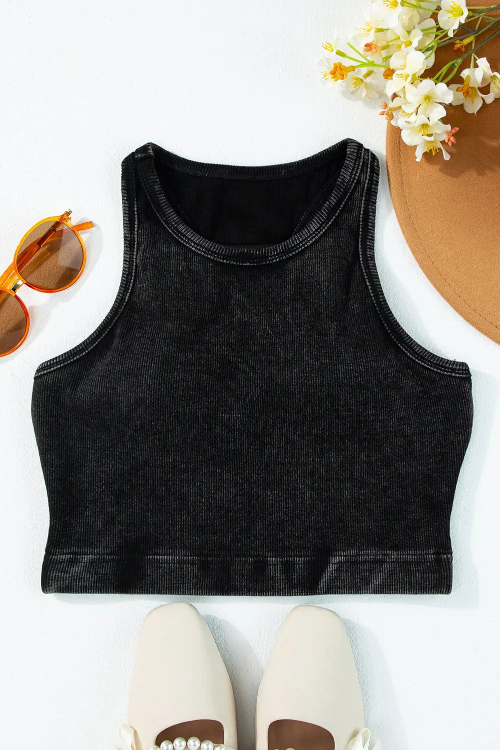 Black Ribbed Mineral Wash Racerback Cropped Tank Top-2