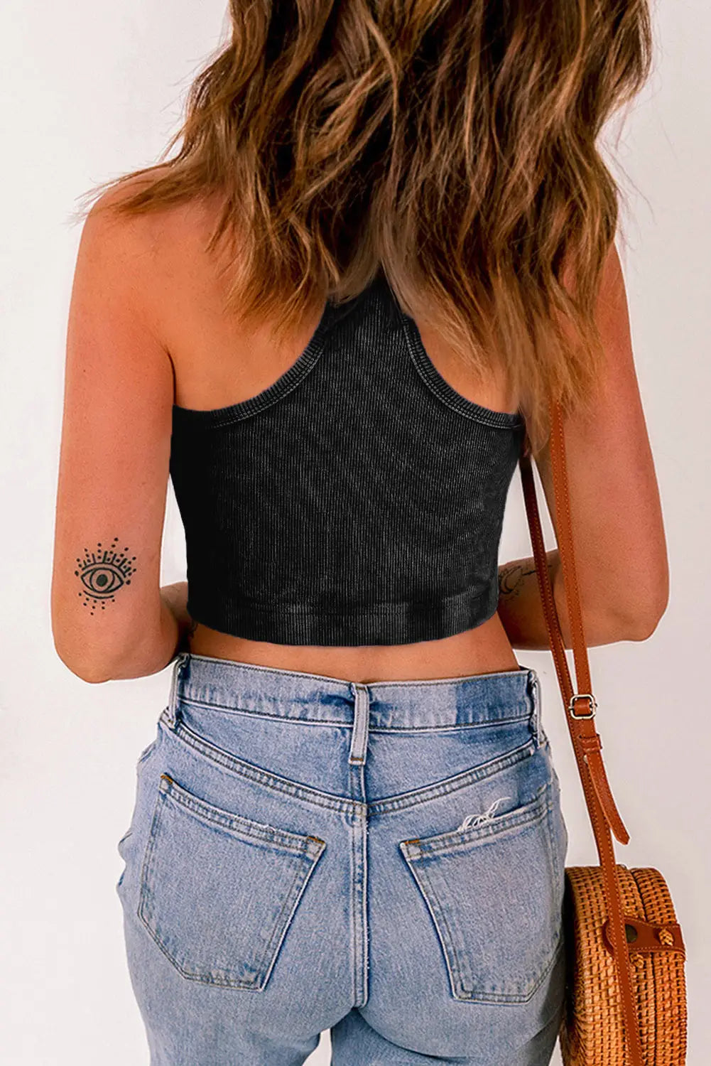 Black Ribbed Mineral Wash Racerback Cropped Tank Top-1