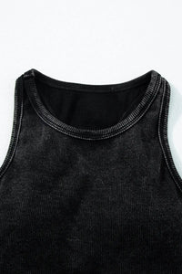 Thumbnail for Black Ribbed Mineral Wash Racerback Cropped Tank Top-5