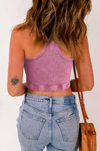 Thumbnail for Black Ribbed Mineral Wash Racerback Cropped Tank Top-9