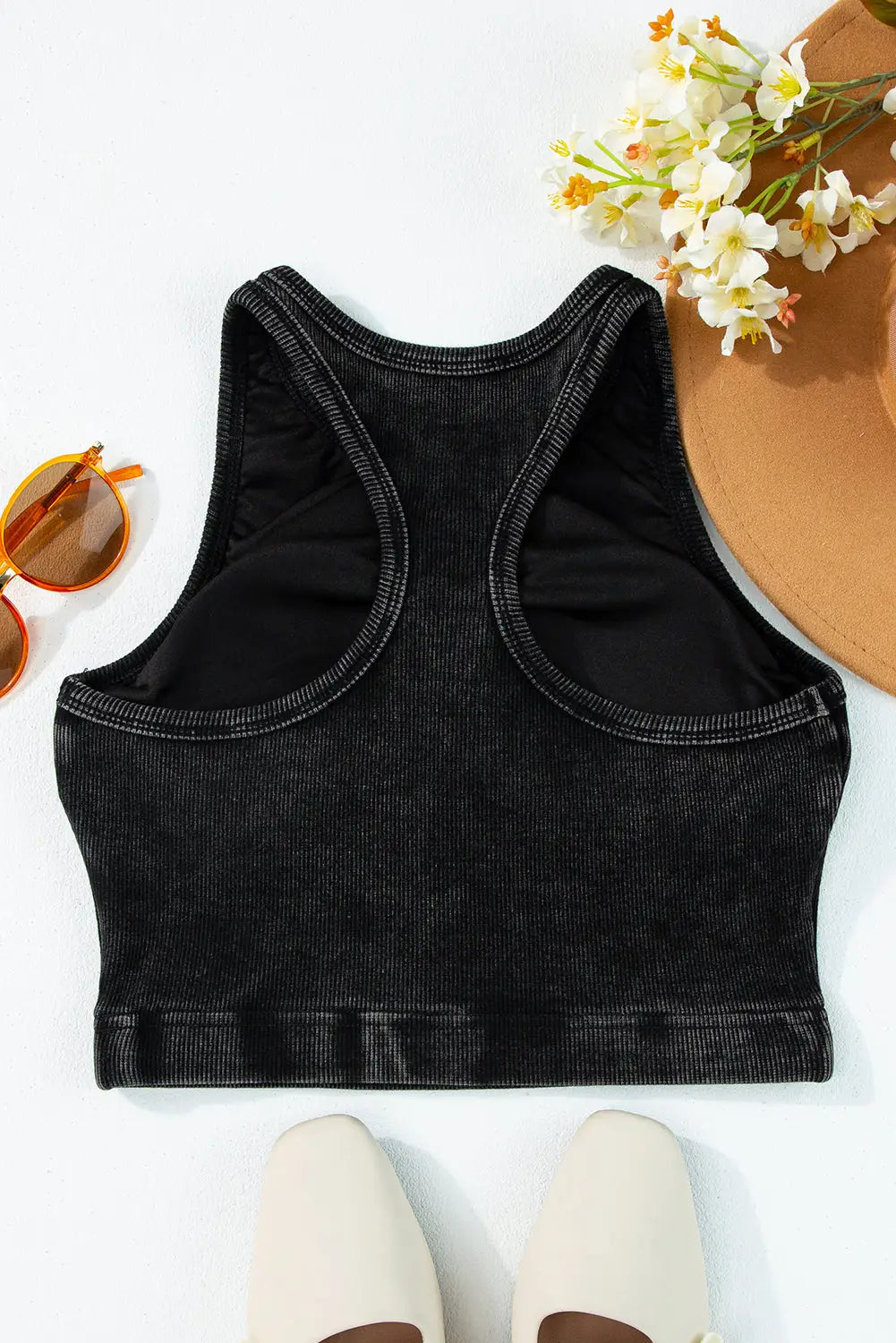 Black Ribbed Mineral Wash Racerback Cropped Tank Top-3