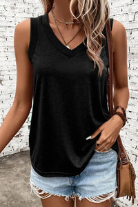 Thumbnail for Black Ribbed V Neck Tank Top-0