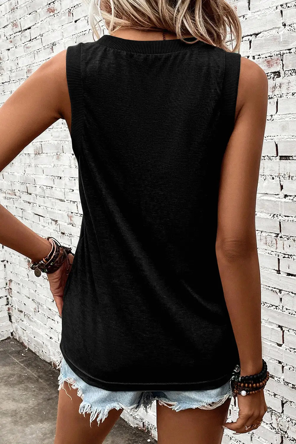 Black Ribbed V Neck Tank Top-1