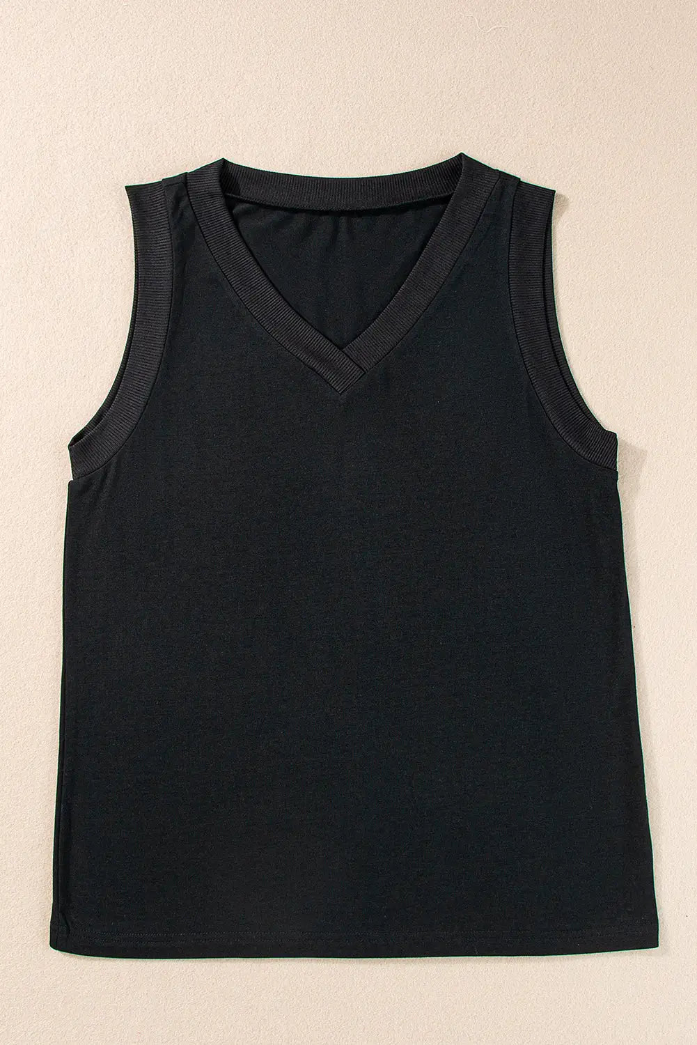 Black Ribbed V Neck Tank Top-3