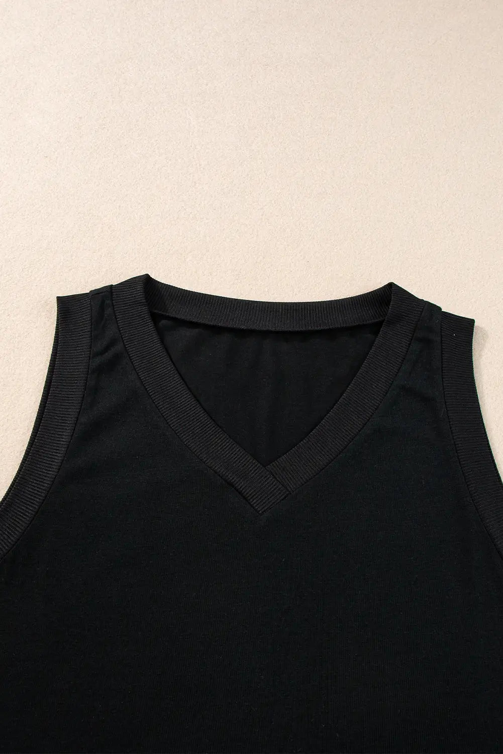 Black Ribbed V Neck Tank Top-5