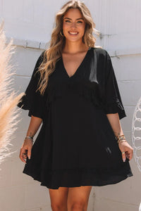 Thumbnail for Black Ruffled 3/4 Sleeve V Neck Babydoll Mini Dress-4