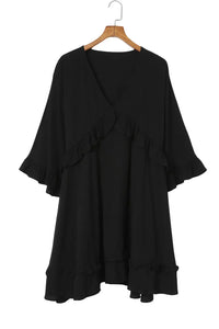 Thumbnail for Black Ruffled 3/4 Sleeve V Neck Babydoll Mini Dress-12