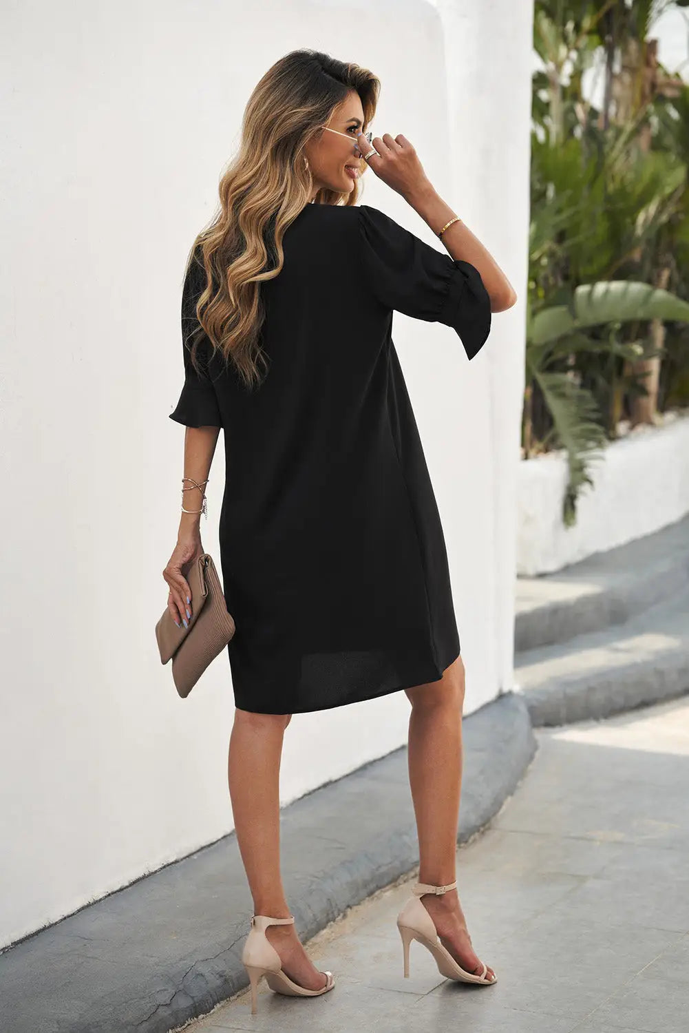 Black Ruffled Sleeve Shift Dress-2